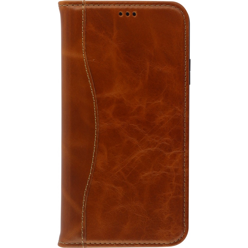 Fourre iPhone 15 Plus - Flip Fierre Shann cuir véritable - Brun