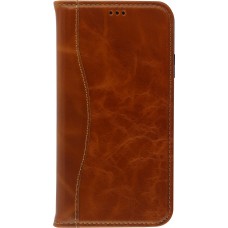 Fourre iPhone 15 Plus - Flip Fierre Shann cuir véritable - Brun