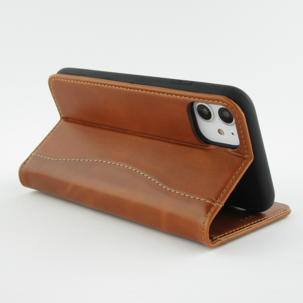 Fourre iPhone 15 Plus - Flip Fierre Shann cuir véritable - Brun