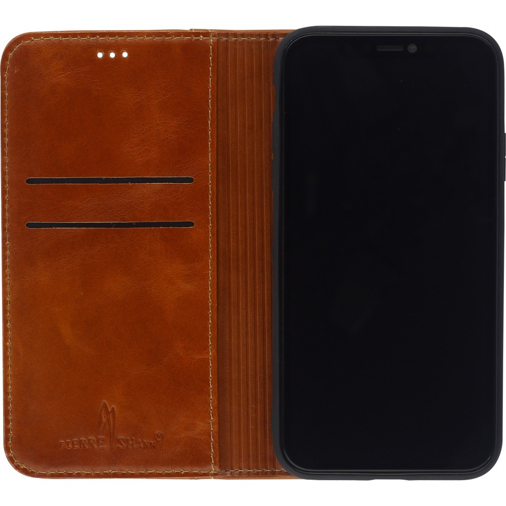 Fourre iPhone 15 Plus - Flip Fierre Shann cuir véritable - Brun