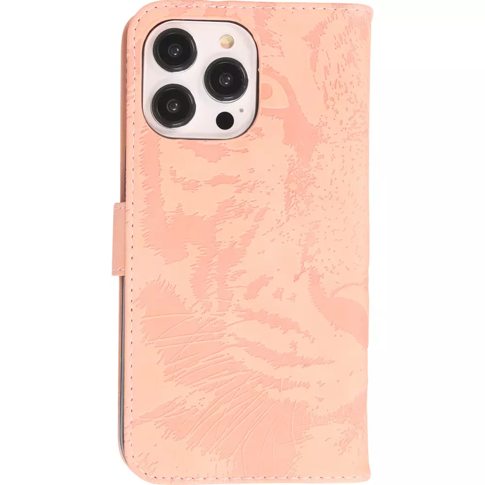 Fourre iPhone 14 Pro Max - Flip 3D en similicuir Oeil du tigre - Rose