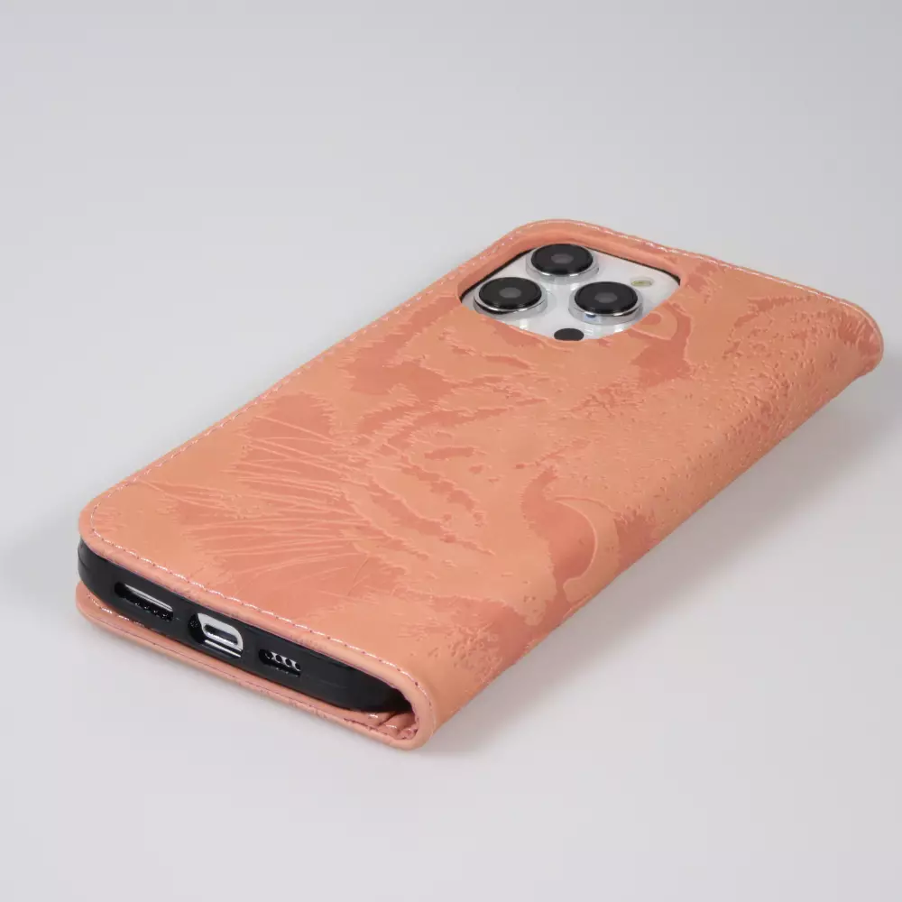 Fourre iPhone 14 Pro Max - Flip 3D en similicuir Oeil du tigre - Rose