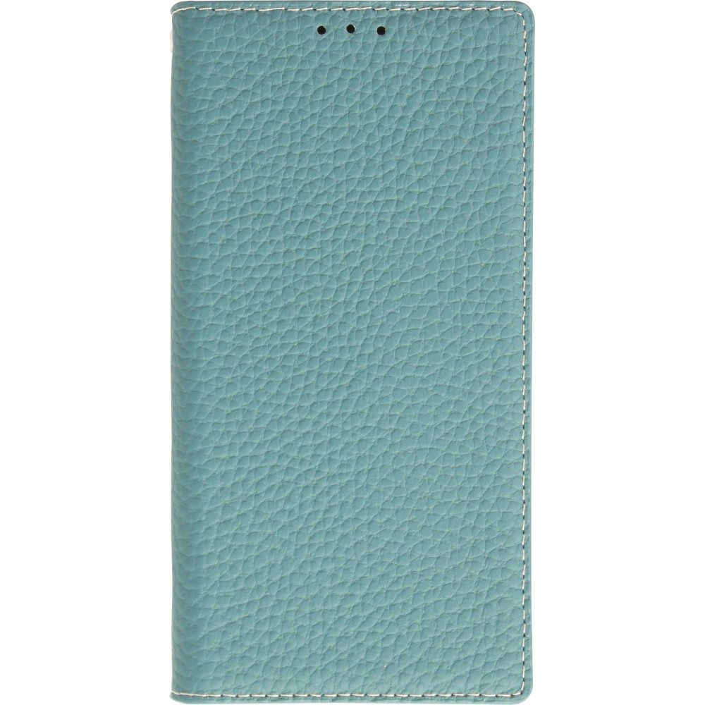 iPhone 15 Pro Case Hülle - Flip 3D echtes genarbtes Rindsleder - Blau