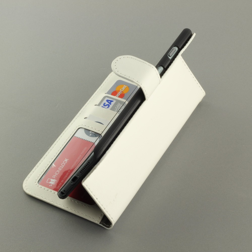 Fourre iPhone 17e / 16e - Premium Flip cuir lisse porte-cartes - Blanc