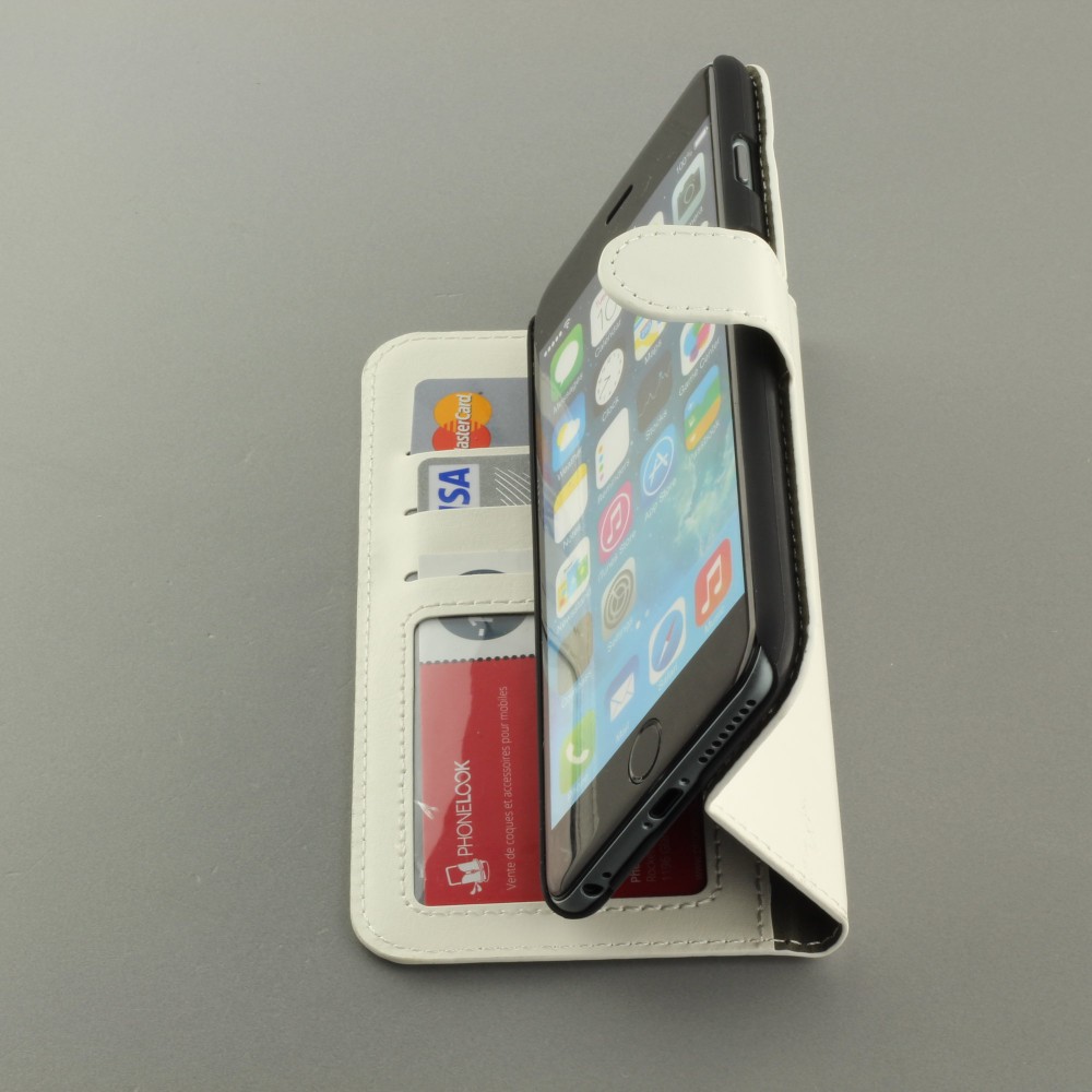 Fourre iPhone 17e / 16e - Premium Flip cuir lisse porte-cartes - Blanc