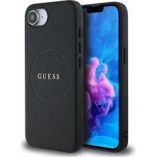 Coque iPhone 16e - Guess Classic Logo MagSafe en cuir grain&eacute; - Noir