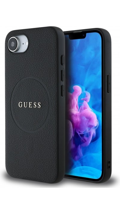 iPhone 16e Case H&uuml;lle - Guess Classic Logo MagSafe aus genarbtem Leder - Schwarz