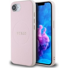 Coque iPhone 16e - Guess MagSafe classique logo PU grainé - Rose