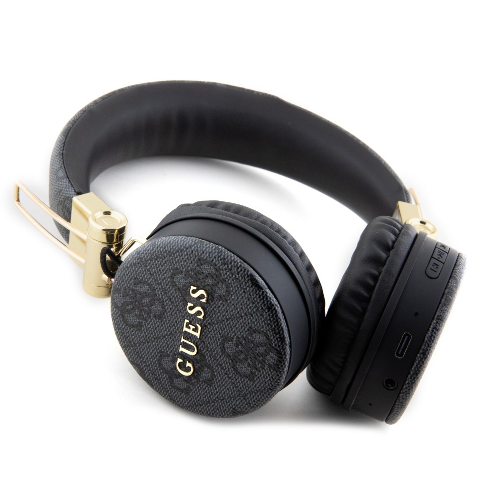 Guess Premium-Audio-Kopfhörer drahtlos On-Ear Headphones Bluetooth 5.3 - Studio Quality Sound - Leder Monogramm - Schwarz
