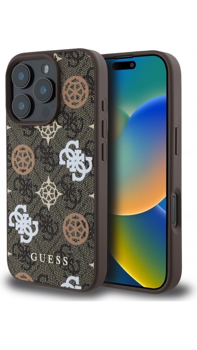 Coque iPhone 16 Pro Max - Guess monogramme Peony avec MagSafe - Brun