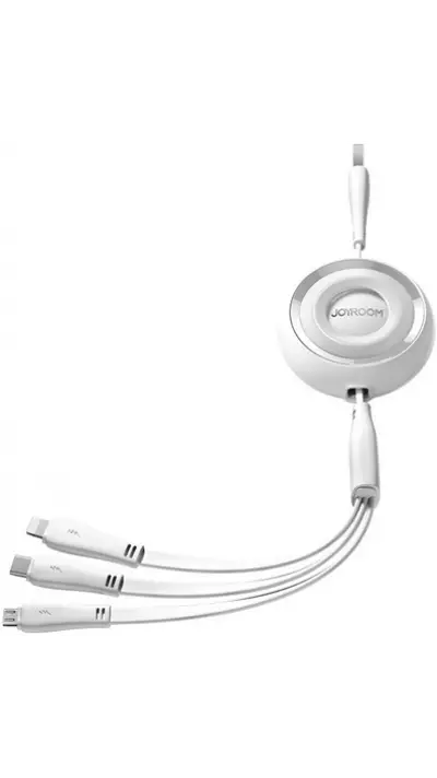 Joyroom 3 in 1 einziehbares Kabel 1m USB-A auf USB-C + Lightning + microUSB - Weiss