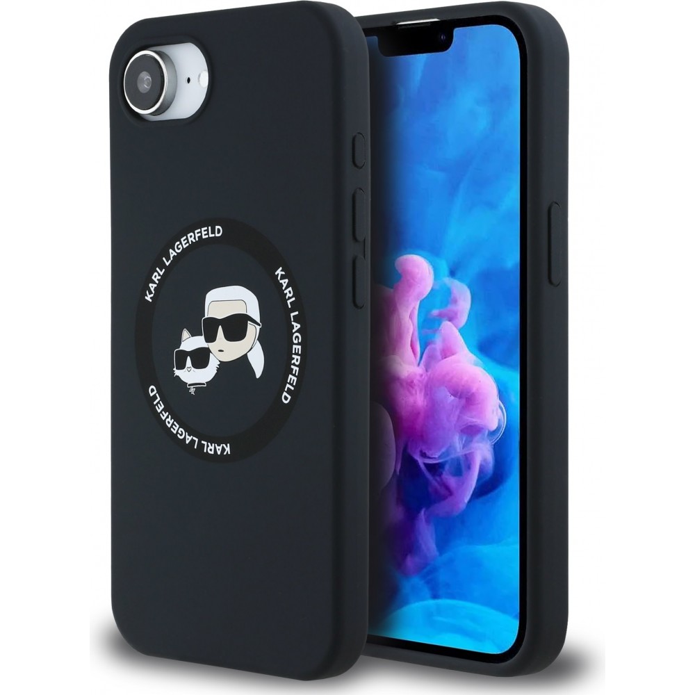 Coque iPhone 16e - Karl Lagerfeld et Choupette silicone Soft Touch avec MagSafe - Noir