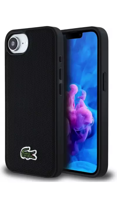 Coque iPhone 16e - Lacoste effet Petit Piqué avec MagSafe et patch logo brodé - Noir