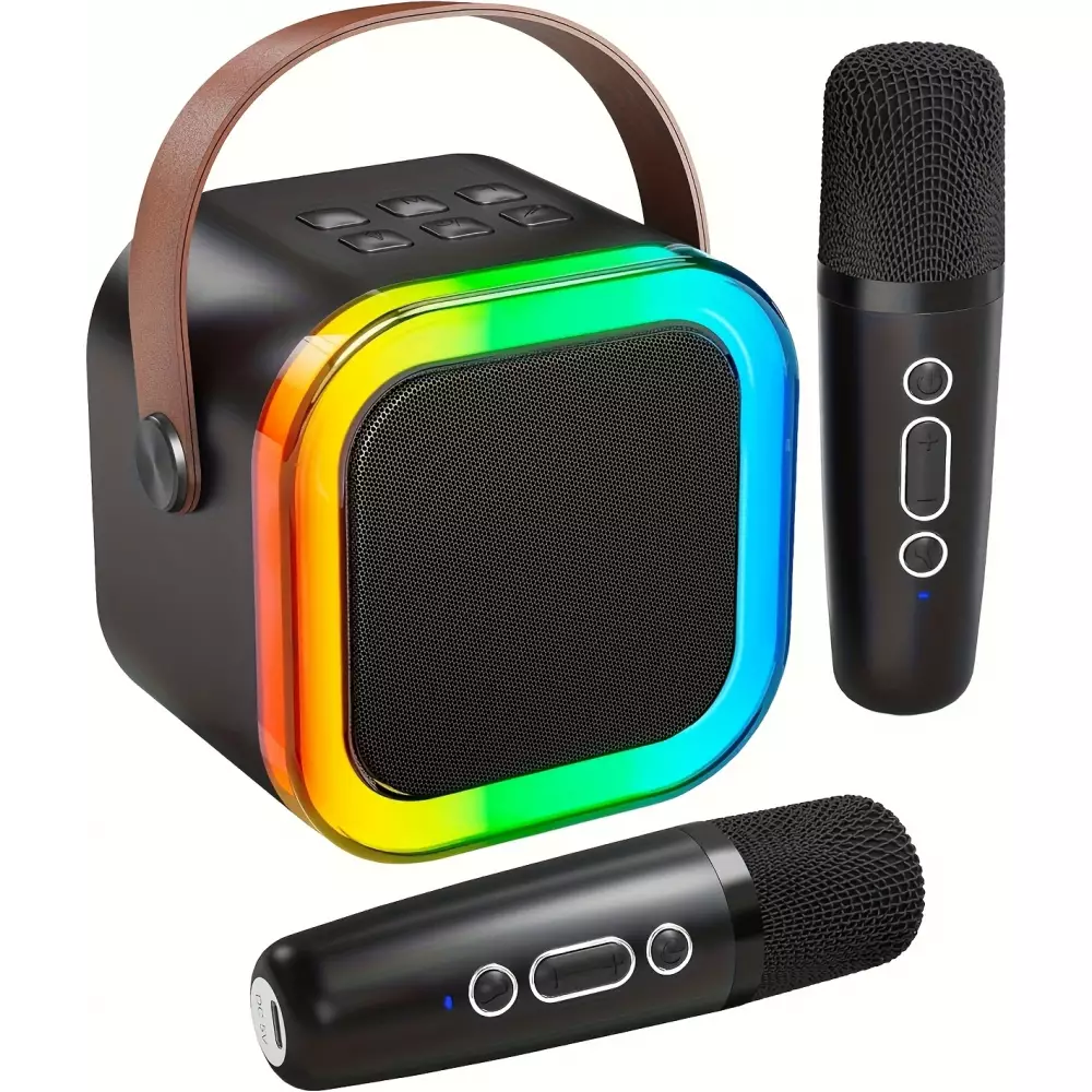 Mini enceinte à karaoké sans fil Bluetooth avec microphone et lumières LED (avec 2 micros) - Noir