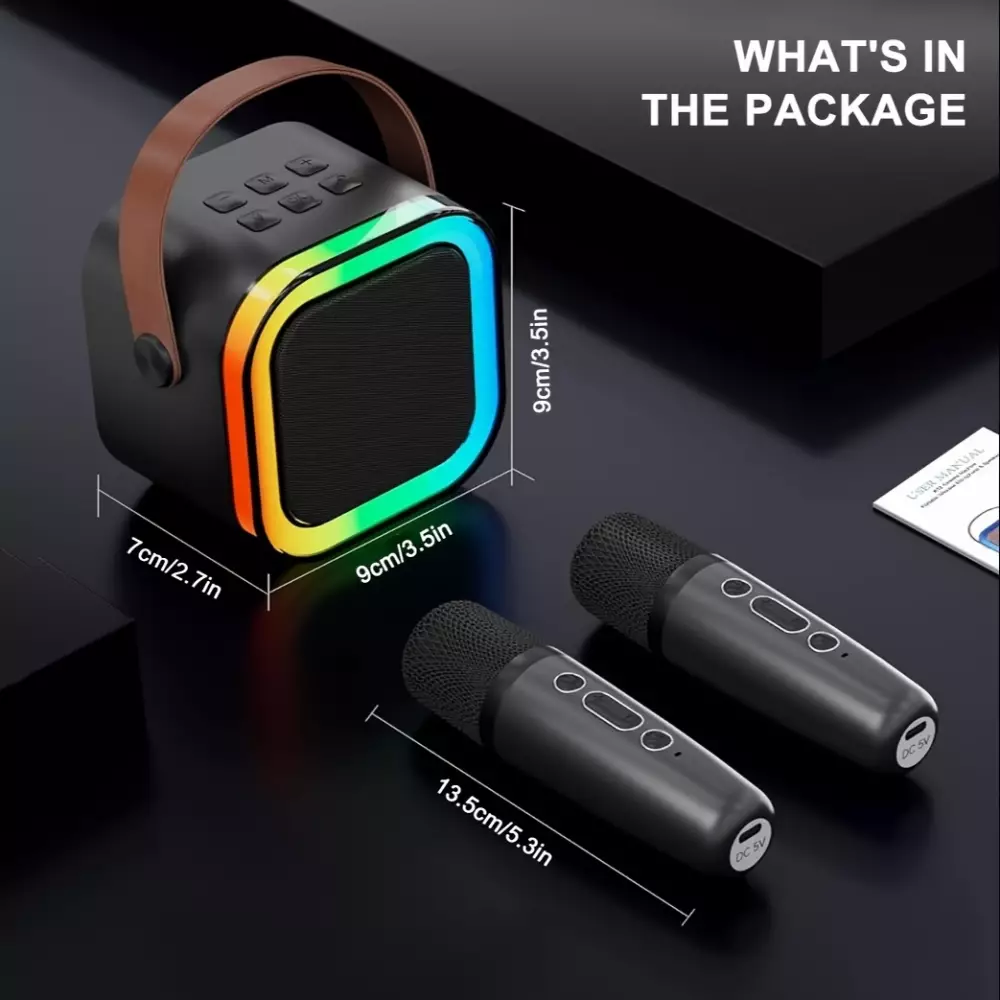 Mini enceinte à karaoké sans fil Bluetooth avec microphone et lumières LED (avec 2 micros) - Noir