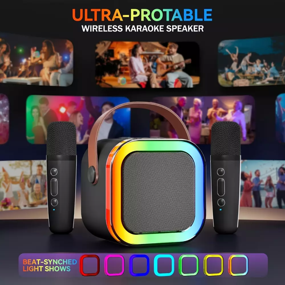 Mini enceinte à karaoké sans fil Bluetooth avec microphone et lumières LED (avec 2 micros) - Noir