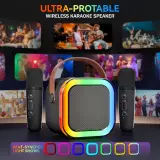 Mini enceinte à karaoké sans fil Bluetooth avec microphone et lumières LED (avec 2 micros) - Noir