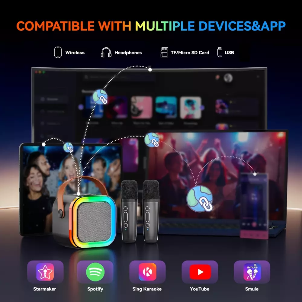 Mini enceinte à karaoké sans fil Bluetooth avec microphone et lumières LED (avec 2 micros) - Noir