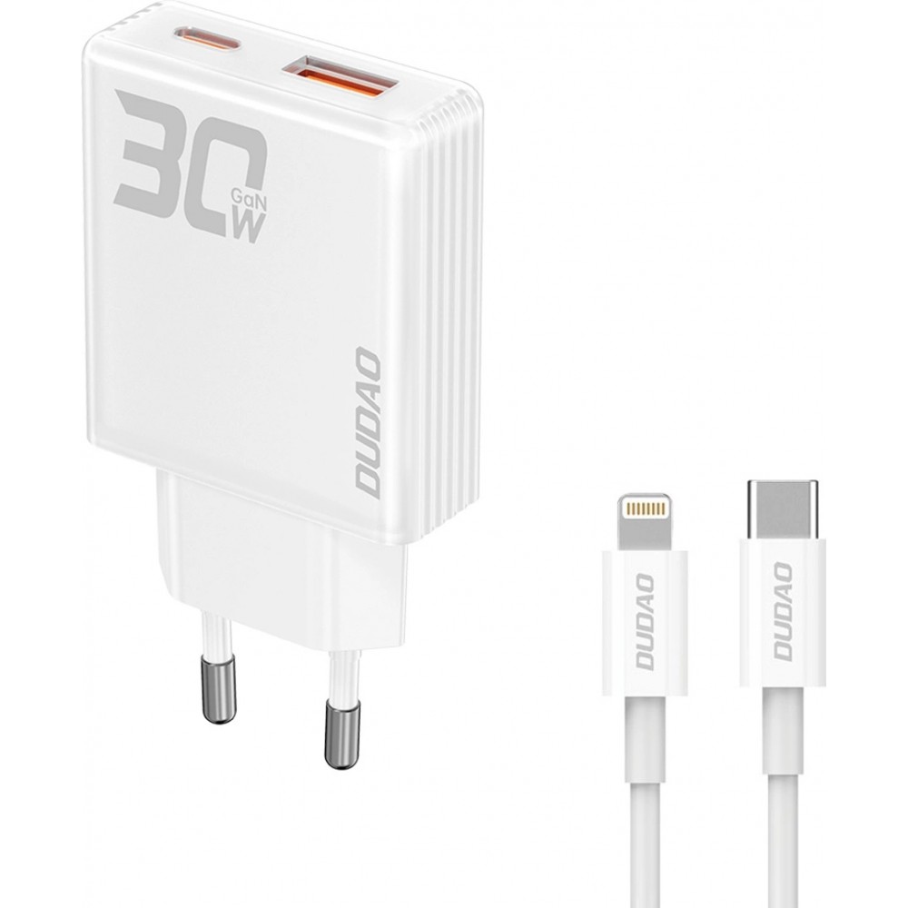 Dudao A30EUT 30W USB-A / USB-C GaN Wandladegerät mit USB-C auf Lightning Kabel für iPhone - Weiss