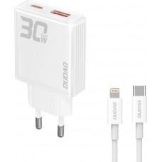 Dudao A30EUT 30W USB-A / USB-C GaN Wandladegerät mit USB-C auf Lightning Kabel für iPhone - Weiss