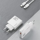 Dudao A30EUT 30W USB-A / USB-C GaN Wandladegerät mit USB-C auf Lightning Kabel für iPhone - Weiss
