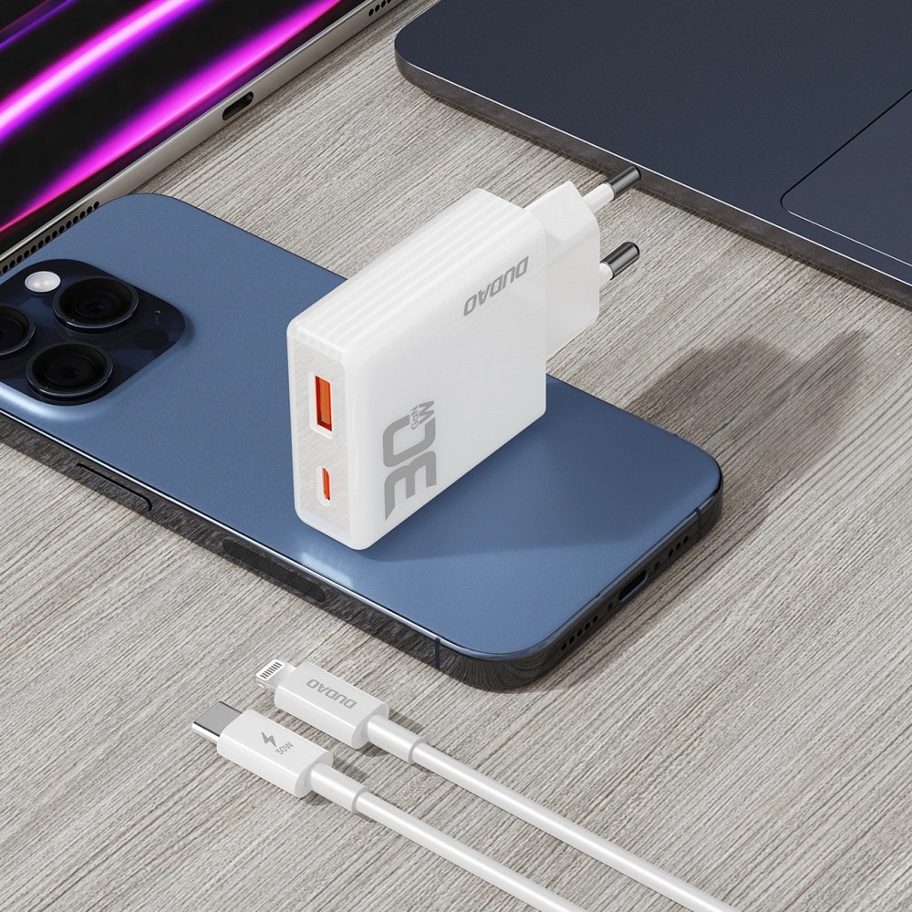 Dudao A30EUT 30W USB-A / USB-C GaN Wandladegerät mit USB-C auf Lightning Kabel für iPhone - Weiss