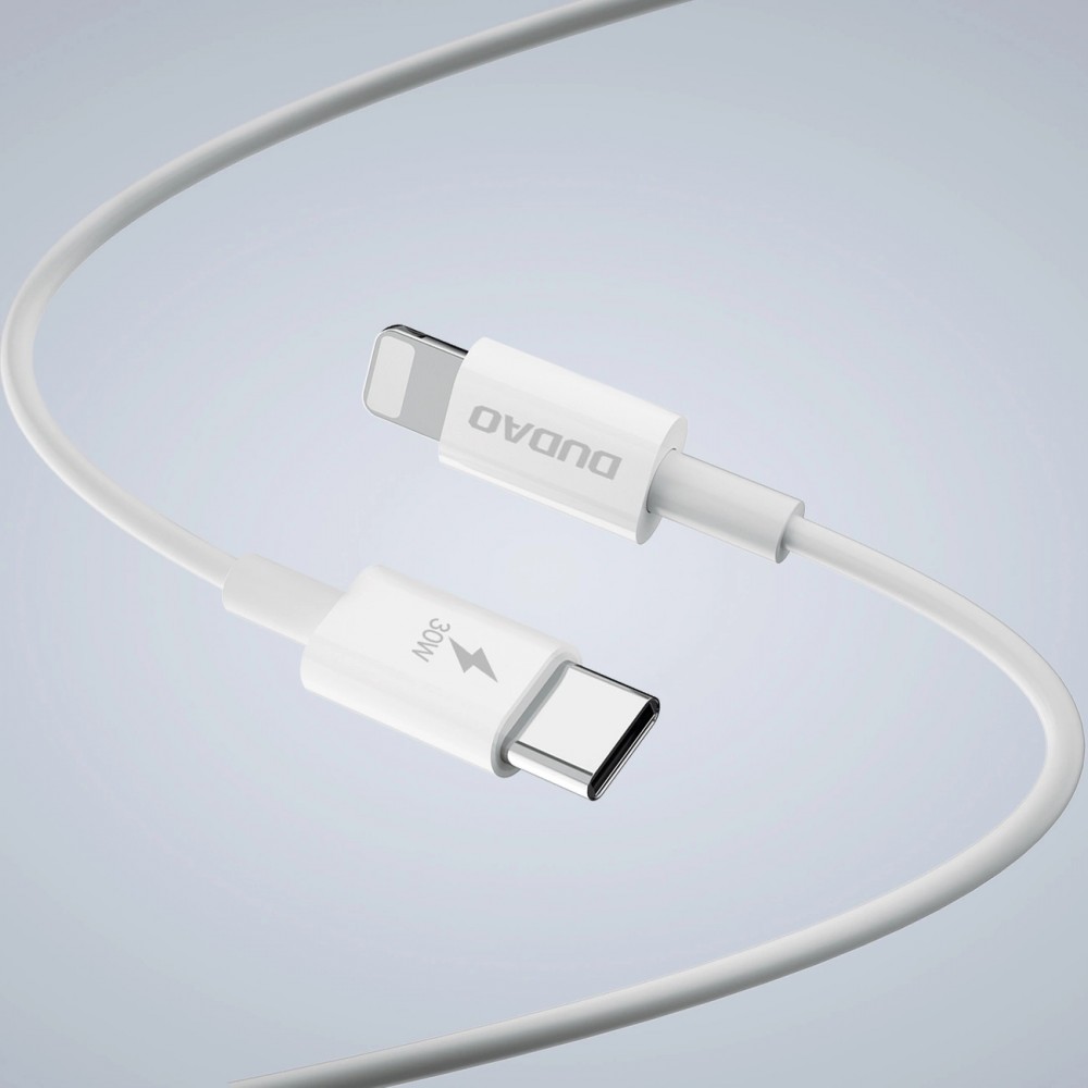Dudao A30EUT 30W USB-A / USB-C GaN Wandladegerät mit USB-C auf Lightning Kabel für iPhone - Weiss