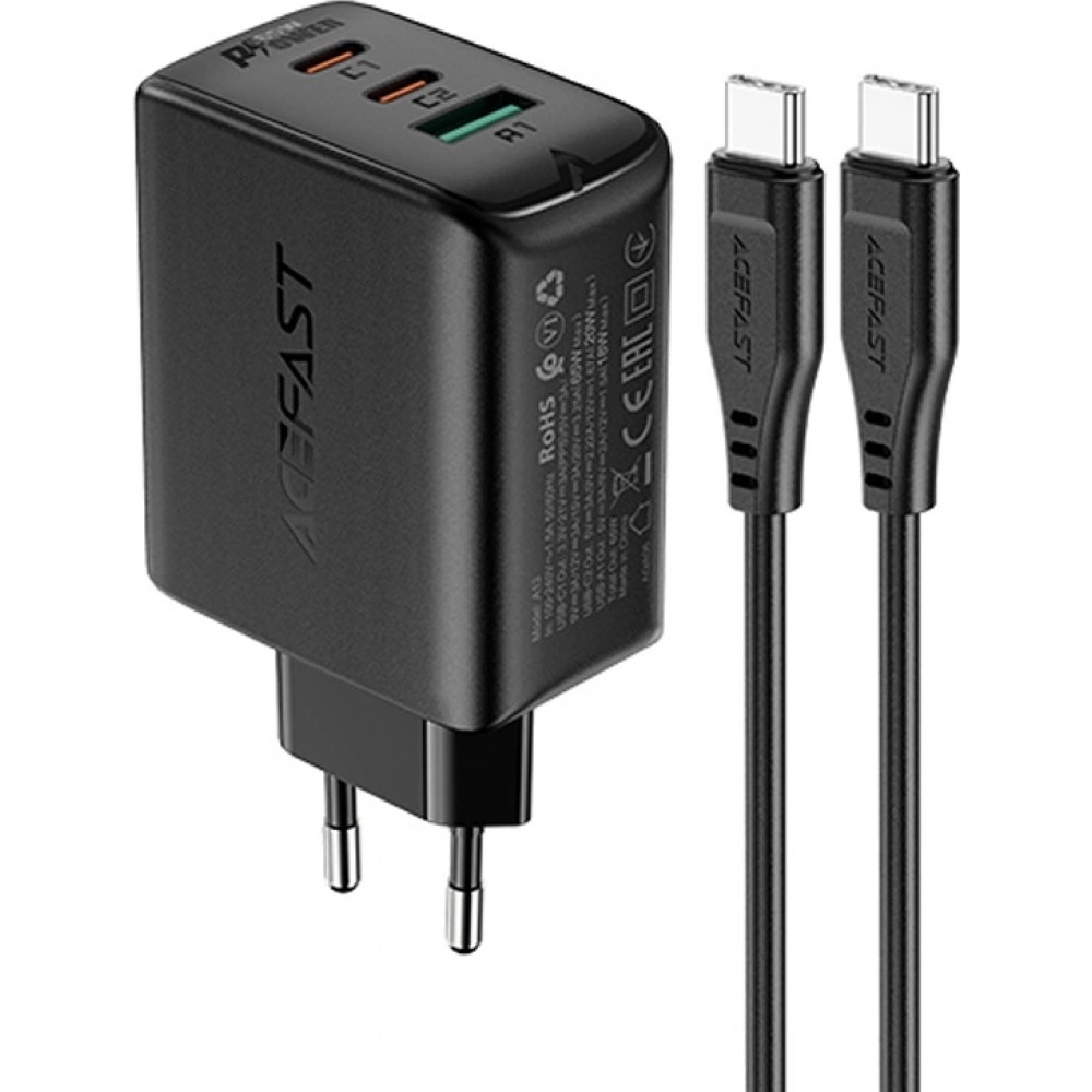 65W Schnellladegerät USB-C / USB-A PD QC 3.0 mit USB-C Kabel (1,2 m) - Schwarz