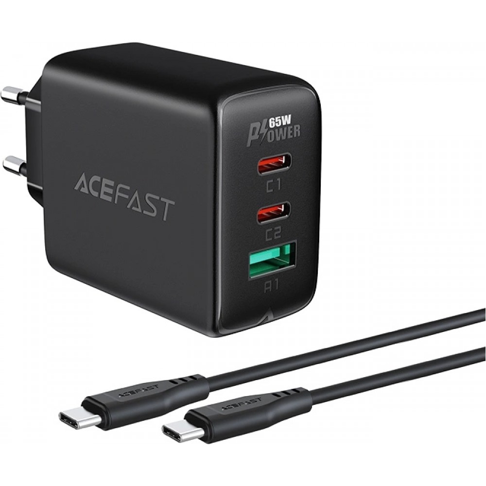 65W Schnellladegerät USB-C / USB-A PD QC 3.0 mit USB-C Kabel (1,2 m) - Schwarz