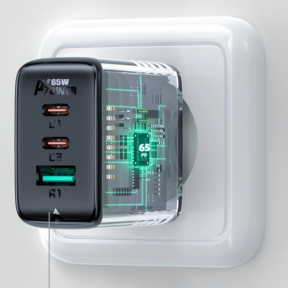 65W Schnellladegerät USB-C / USB-A PD QC 3.0 mit USB-C Kabel (1,2 m) - Schwarz