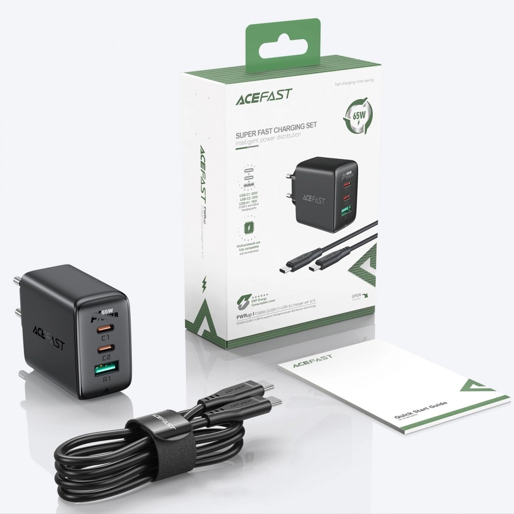 65W Schnellladegerät USB-C / USB-A PD QC 3.0 mit USB-C Kabel (1,2 m) - Schwarz