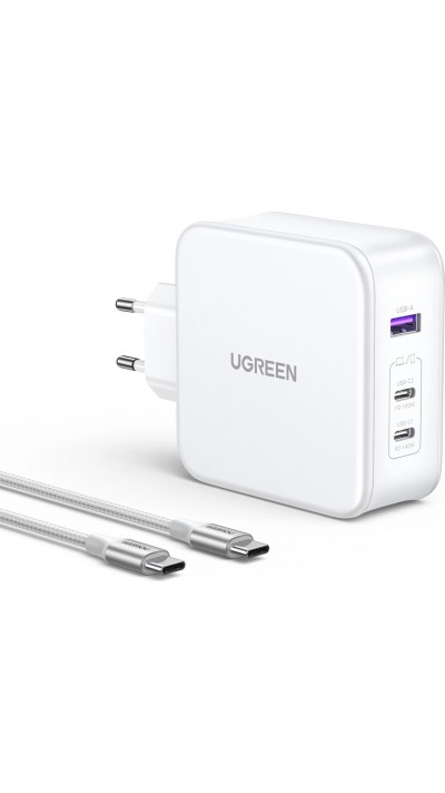 Pack chargeur mural et câble GaN Ugreen Nexode CD289 140W USB-A et 2xUSB-C avec câble USB-C vers USB-C 1.5m - Blanc