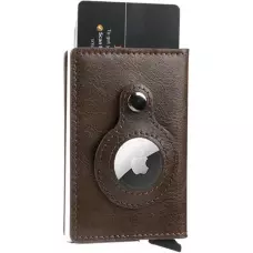 Porte-cartes et support AirTag 2 en 1 avec bloqueur RFID cuir synthétique - Brun