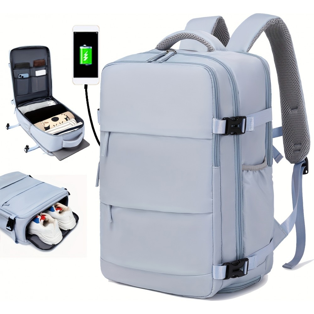 Reiserucksack für Flugreisen mit Laptop- und Schuhfach sowie USB-Anschluss - Schwarz