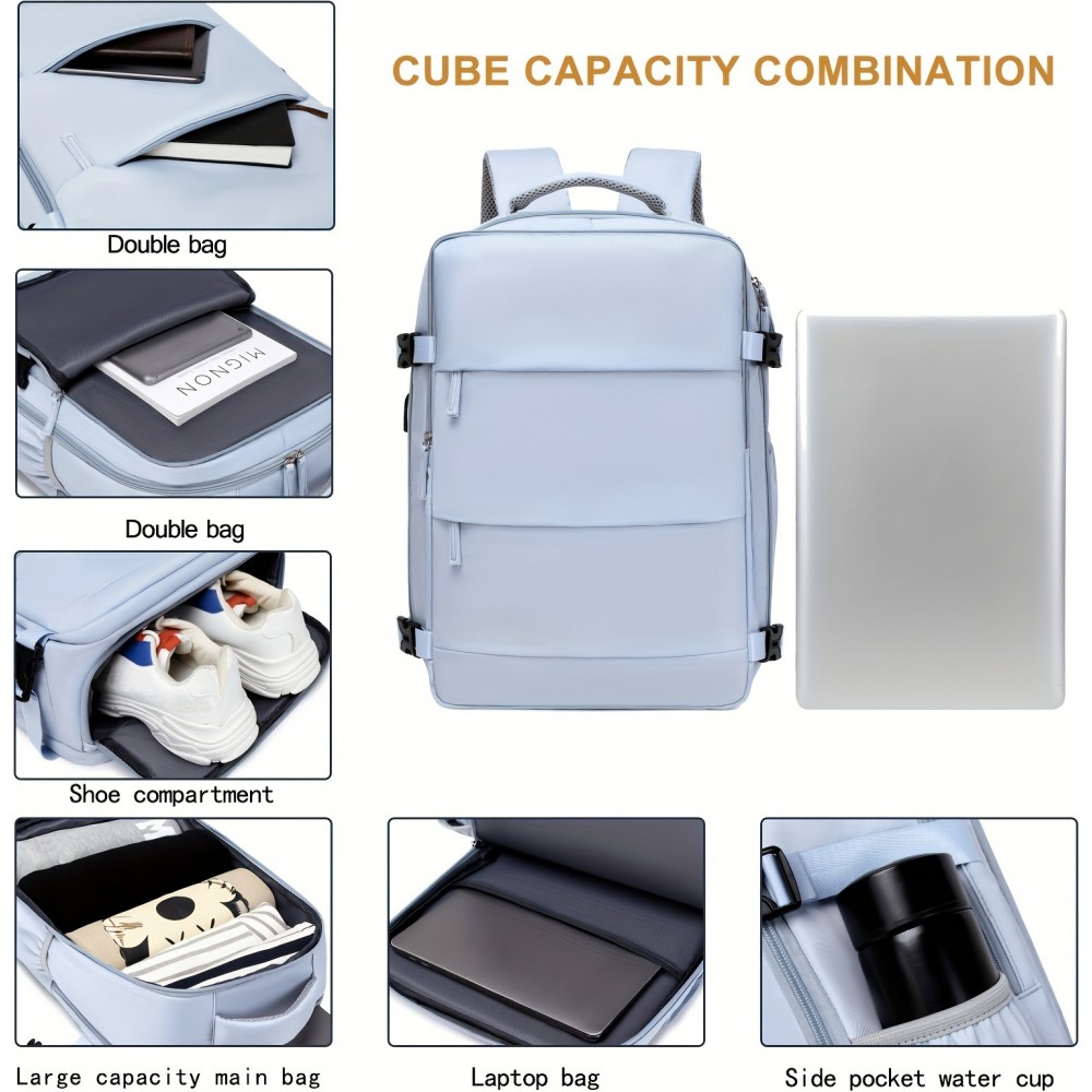 Reiserucksack für Flugreisen mit Laptop- und Schuhfach sowie USB-Anschluss - Schwarz