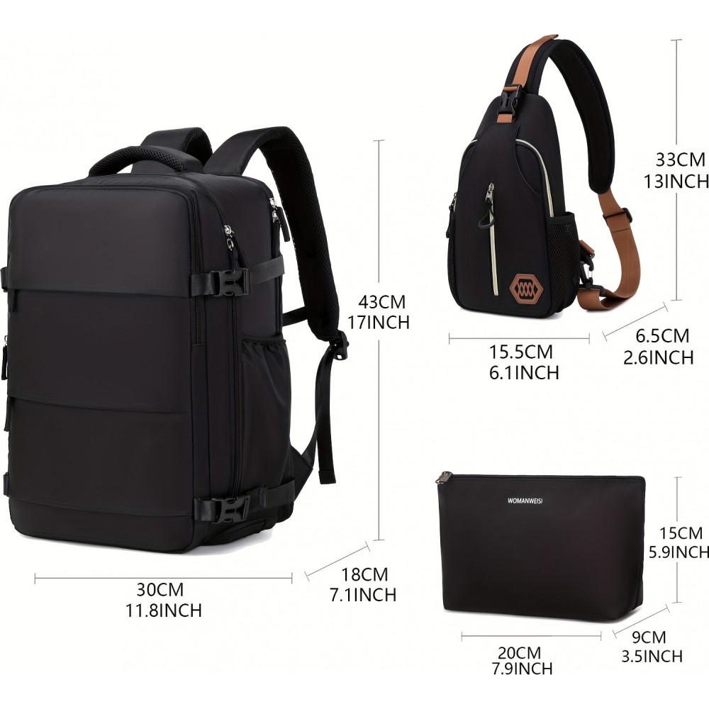 Reiserucksack für Flugreisen mit Laptop- und Schuhfach sowie USB-Anschluss - Schwarz