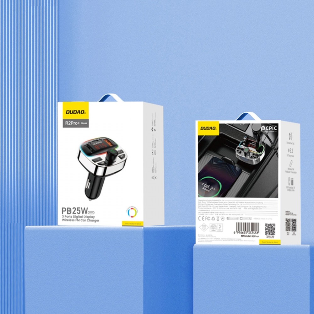 FM Transmitter Dudao R2PRO+ Bluetooth 5.3 2x USB-A PD 25W RGB LED - Silber