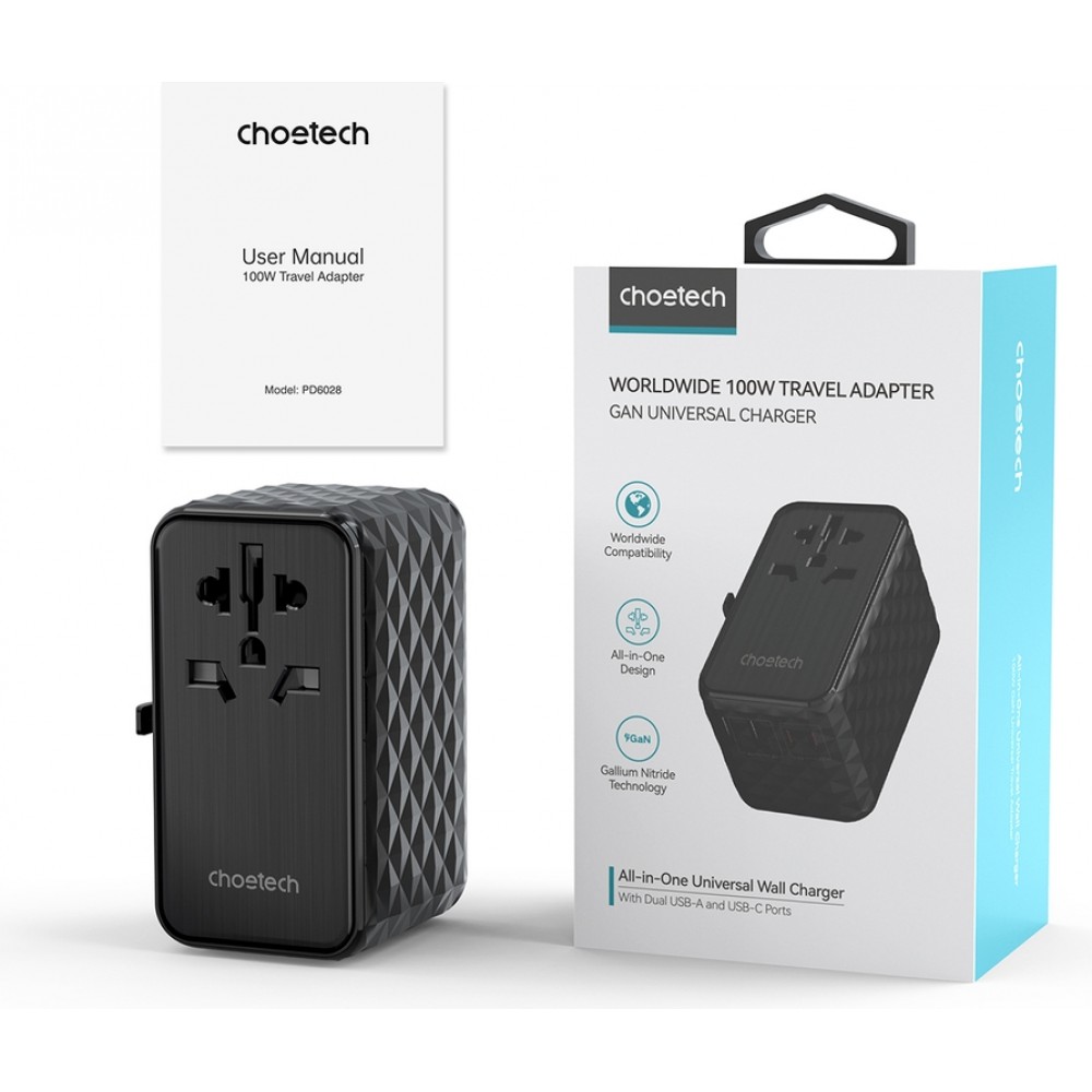 Universeller Reiseadapter 100W 2x USB-C 2x USB-A Choetech PD6028 EU / US / AUS / UK - Schwarz