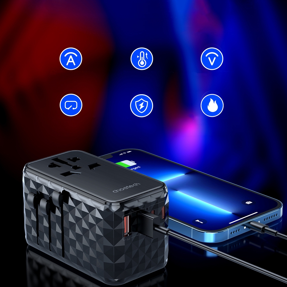Universeller Reiseadapter 100W 2x USB-C 2x USB-A Choetech PD6028 EU / US / AUS / UK - Schwarz