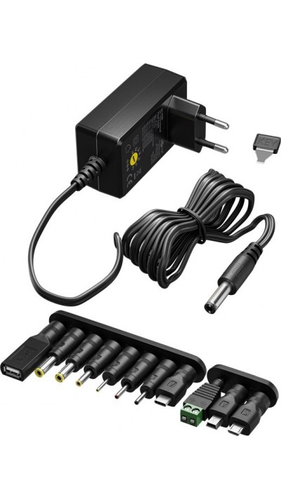 Alimentation universelle Goobay 3V&ndash;12V max. 3,6W adaptateur secteur r&eacute;glable avec 12 embouts - Noir