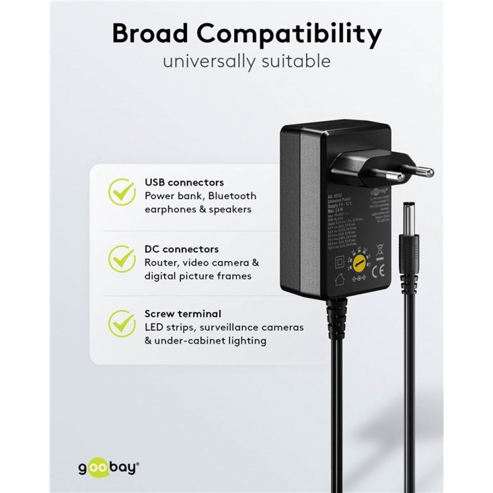 Alimentation universelle Goobay 3V&ndash;12V max. 3,6W adaptateur secteur r&eacute;glable avec 12 embouts - Noir