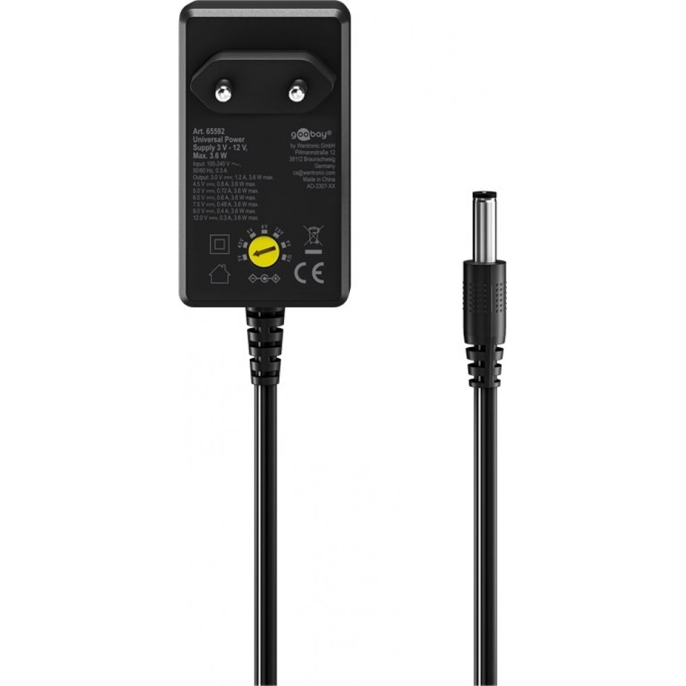 Alimentation universelle Goobay 3V&ndash;12V max. 3,6W adaptateur secteur r&eacute;glable avec 12 embouts - Noir