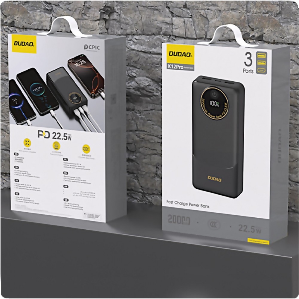 Dudao K12Pro 20000mAh Powerbank 22.5W mit 3 Ports PD USB-A USB-C - Schwarz