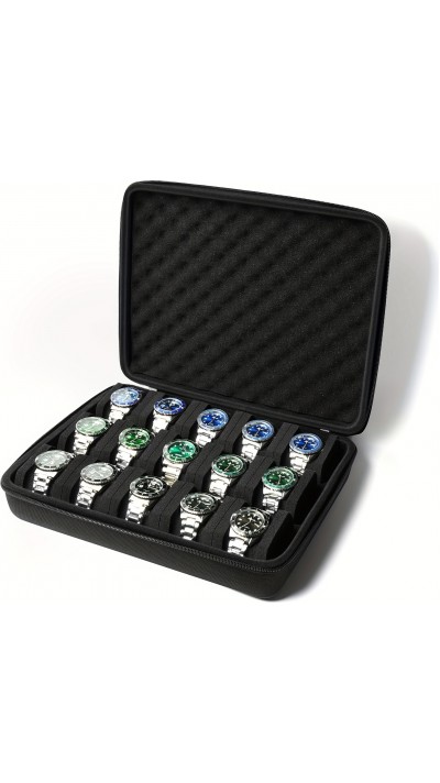 Boîte de rangement pour montres 15 places avec coussin en mousse anti-choc pour voyage - Noir
