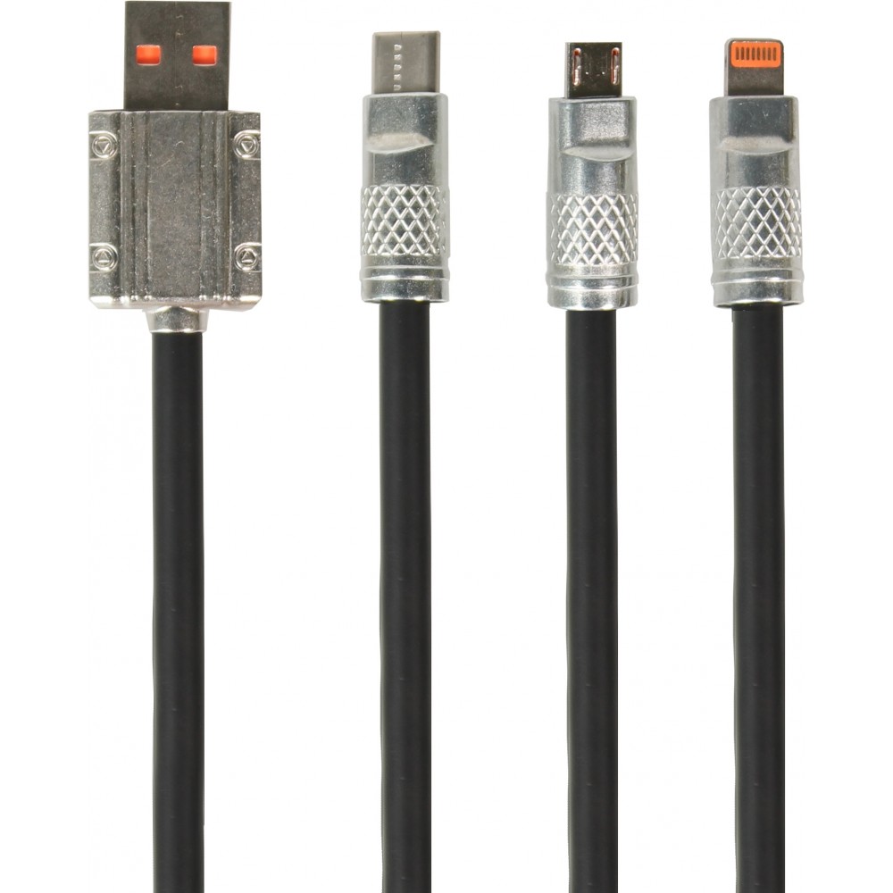 3-in-1 USB-A Kabel schwarz Lightning / USB-C / Micro USB (1 m) leicht und strapazierfähig aus Silikon - Schwarz