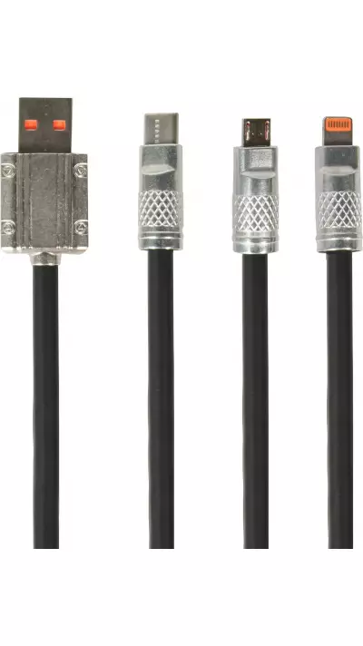 3-in-1 USB-A Kabel schwarz Lightning / USB-C / Micro USB (1 m) leicht und strapazierfähig aus Silikon - Schwarz
