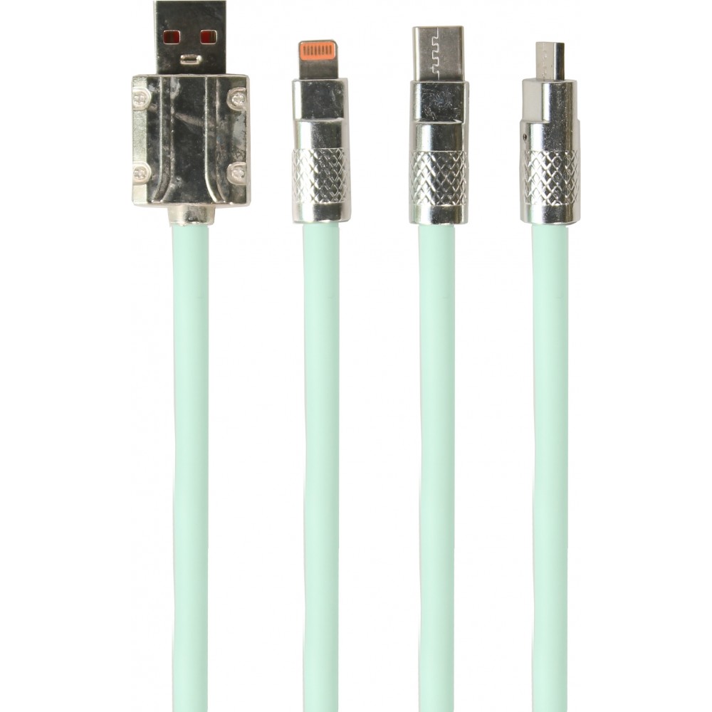 Câble 3 en 1 USB-A vert Lightning / USB-C / Micro USB (1 m) en silicone résistant et léger - Vert menthe