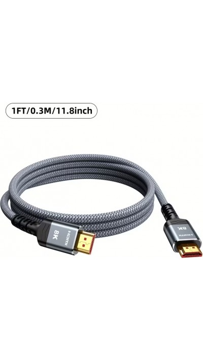 C&acirc;ble HDMI 2.1 Ultra haute vitesse 48Gbps 8K/60Hz 4K/120Hz HDMI m&acirc;le/m&acirc;le tress&eacute; (30cm) - Argent