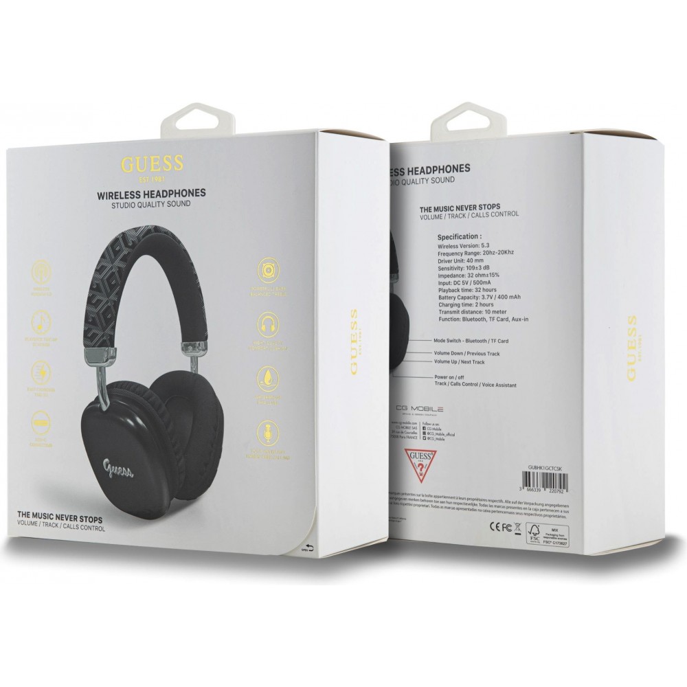 Casque sans fil Over-Ear Guess G Cube Script Logo audio haute qualit&eacute; (USB-C) - Noir