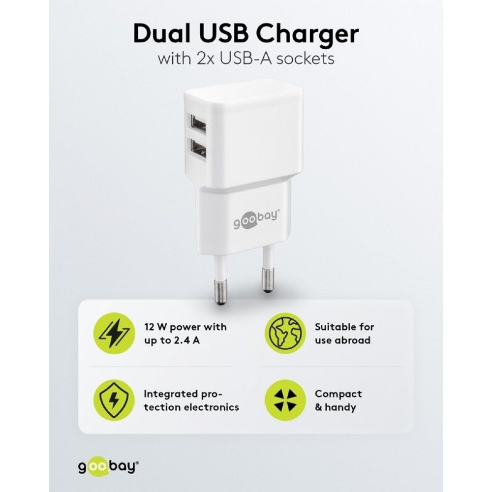 Chargeur mural double Goobay 12W USB-A adaptateur secteur USB compact - Blanc